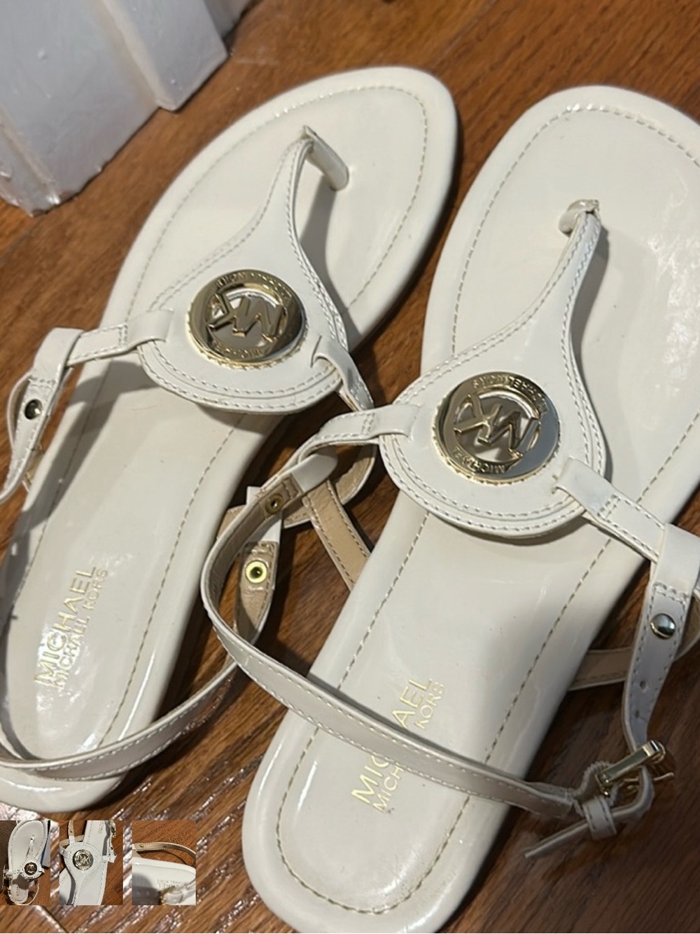 Michael Kors White Leather Logo T-Strap Sandals with Gold Emblem